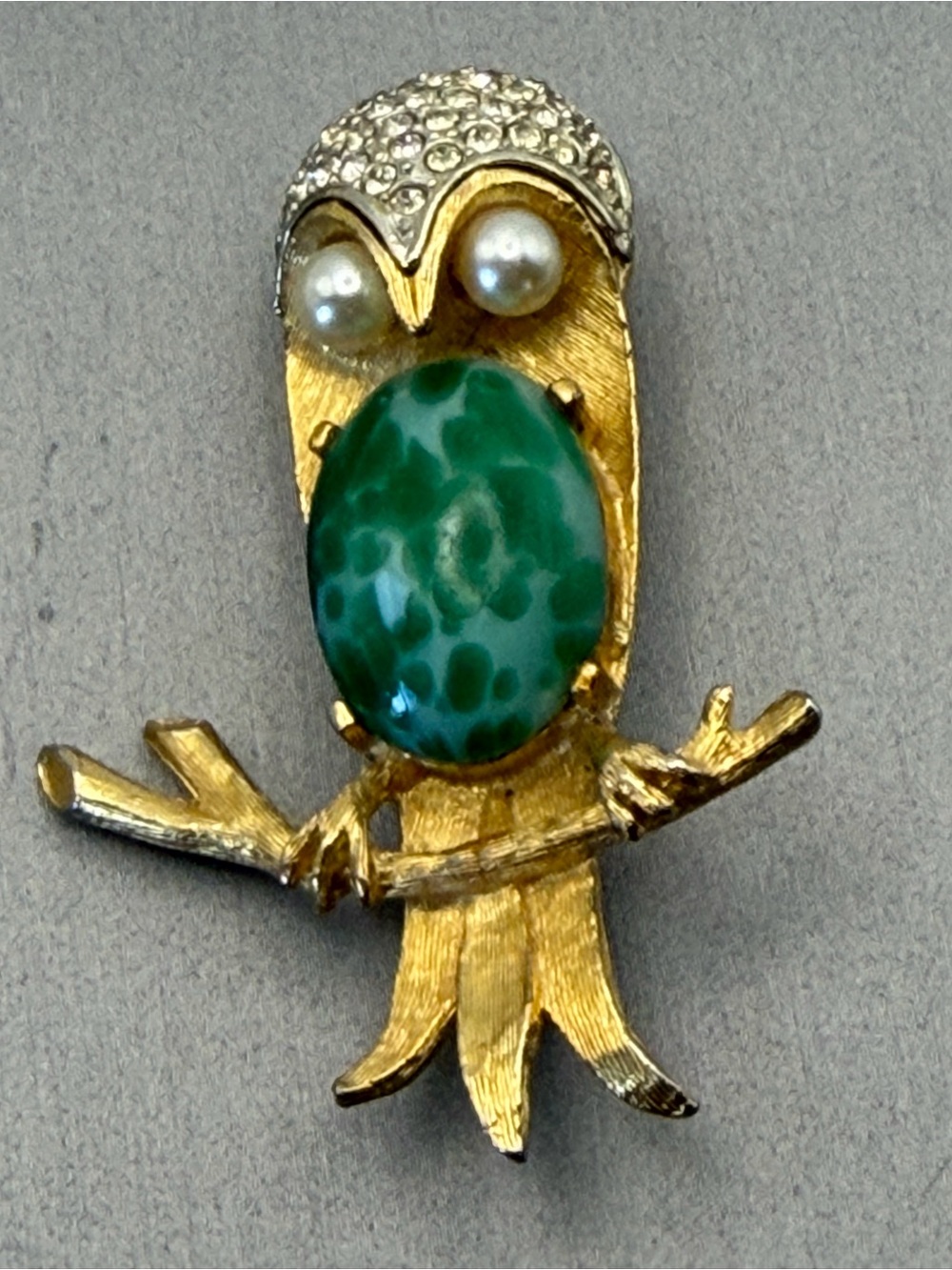 Gold-Tone Owl Brooch with Green Cabochon Belly and Faux Pearl Eyes Vintage